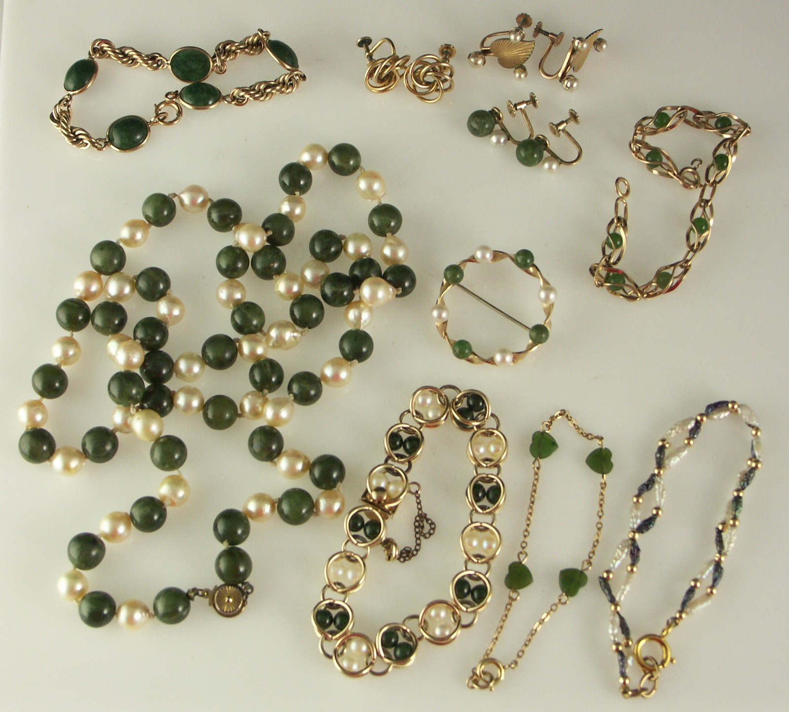 Vintage Green and Pearl Necklace, with Similar-Tone Pieces