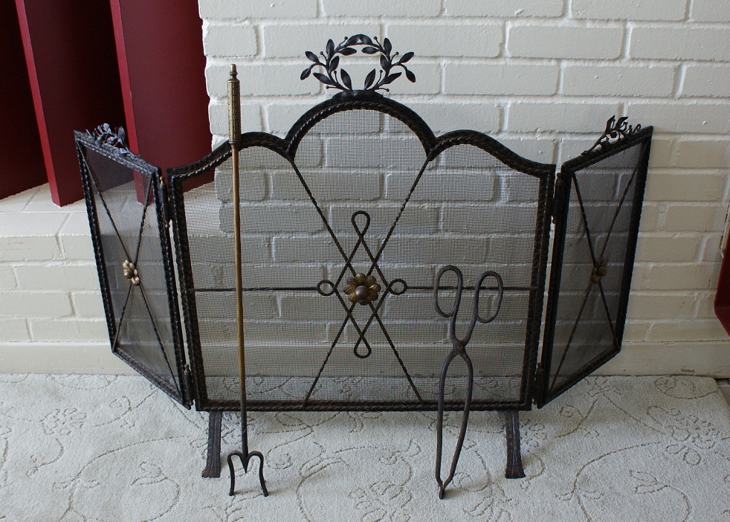 Vintage Wrought Iron Fireplace Screen & Tools
