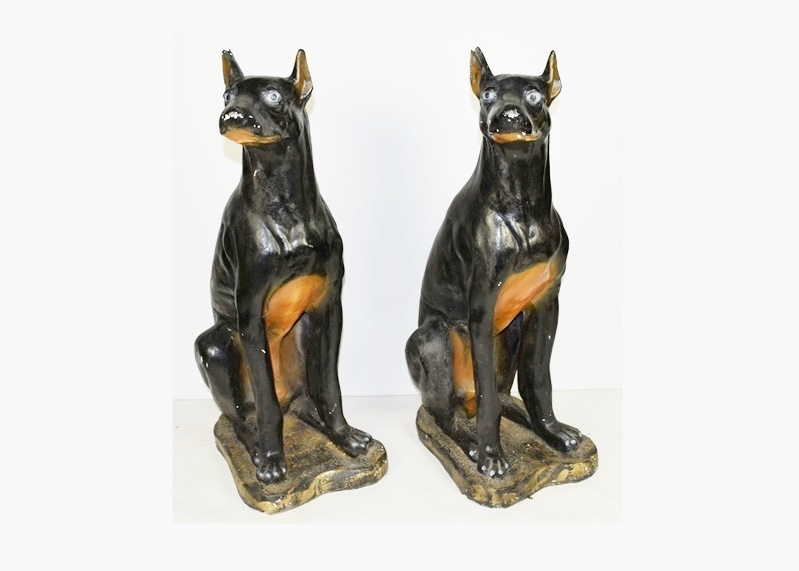 Pair of Life Size Painted Plaster Doberman Pincer Dogs