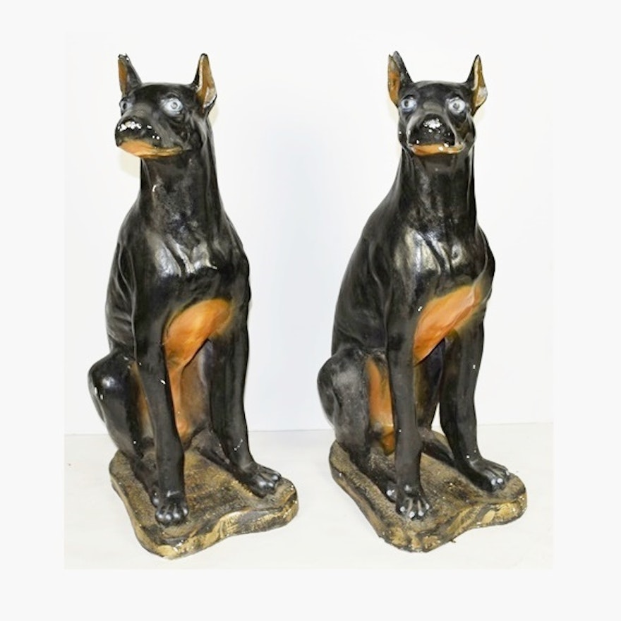 Pair of Life Size Painted Plaster Doberman Pincer Dogs