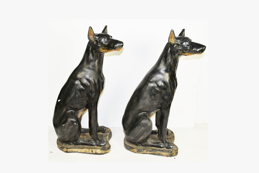 Pair of Life Size Painted Plaster Doberman Pincer Dogs