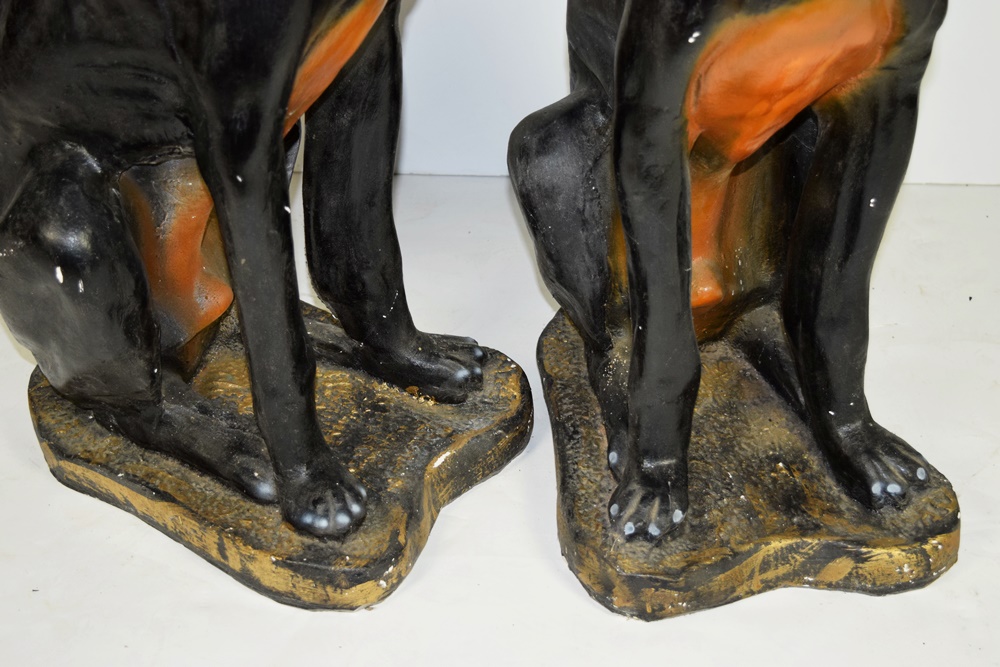 Pair of Life Size Painted Plaster Doberman Pincer Dogs