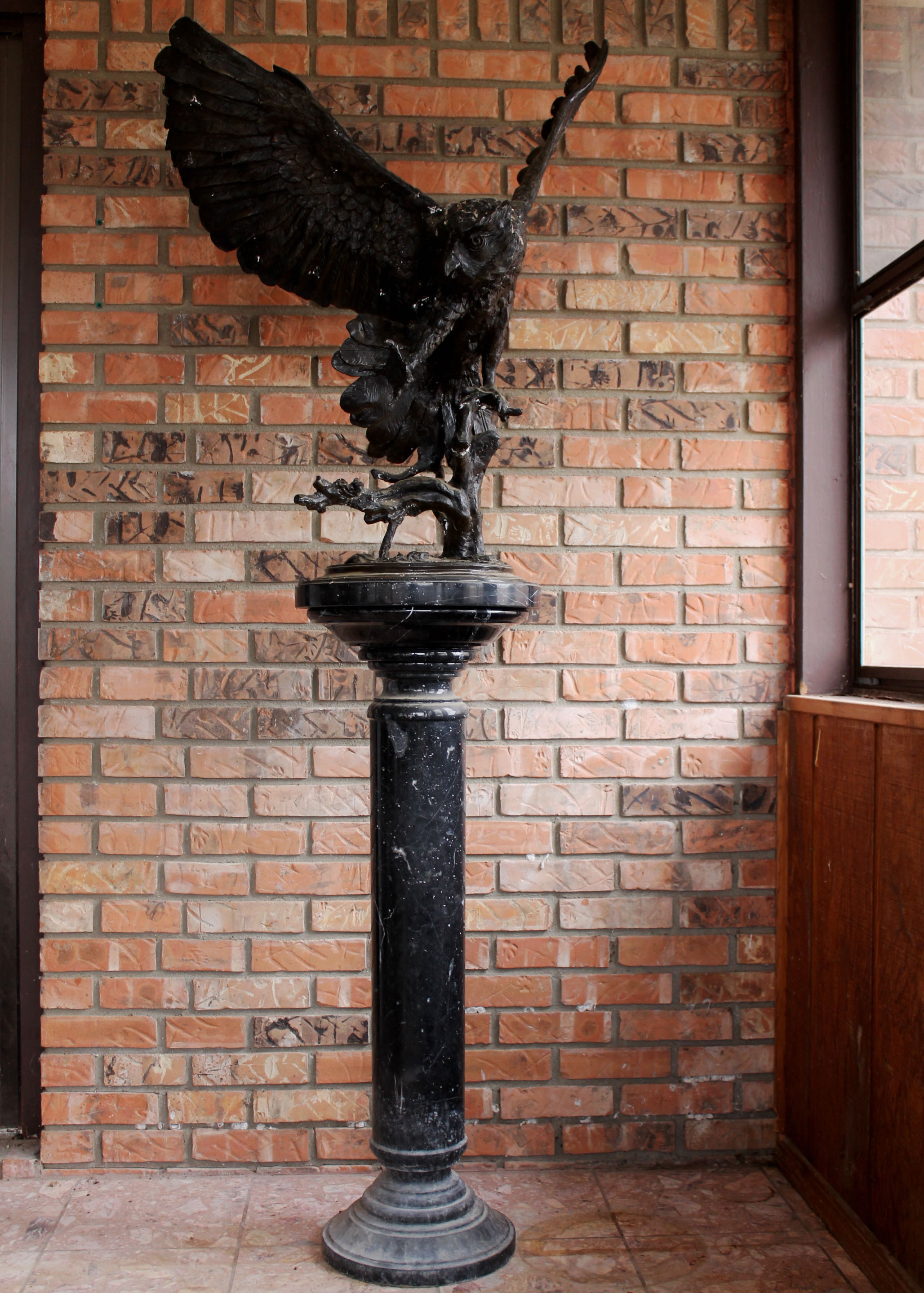 Jules Moigniez Signed Bronze Owl Sculpture on Marble Pedestal