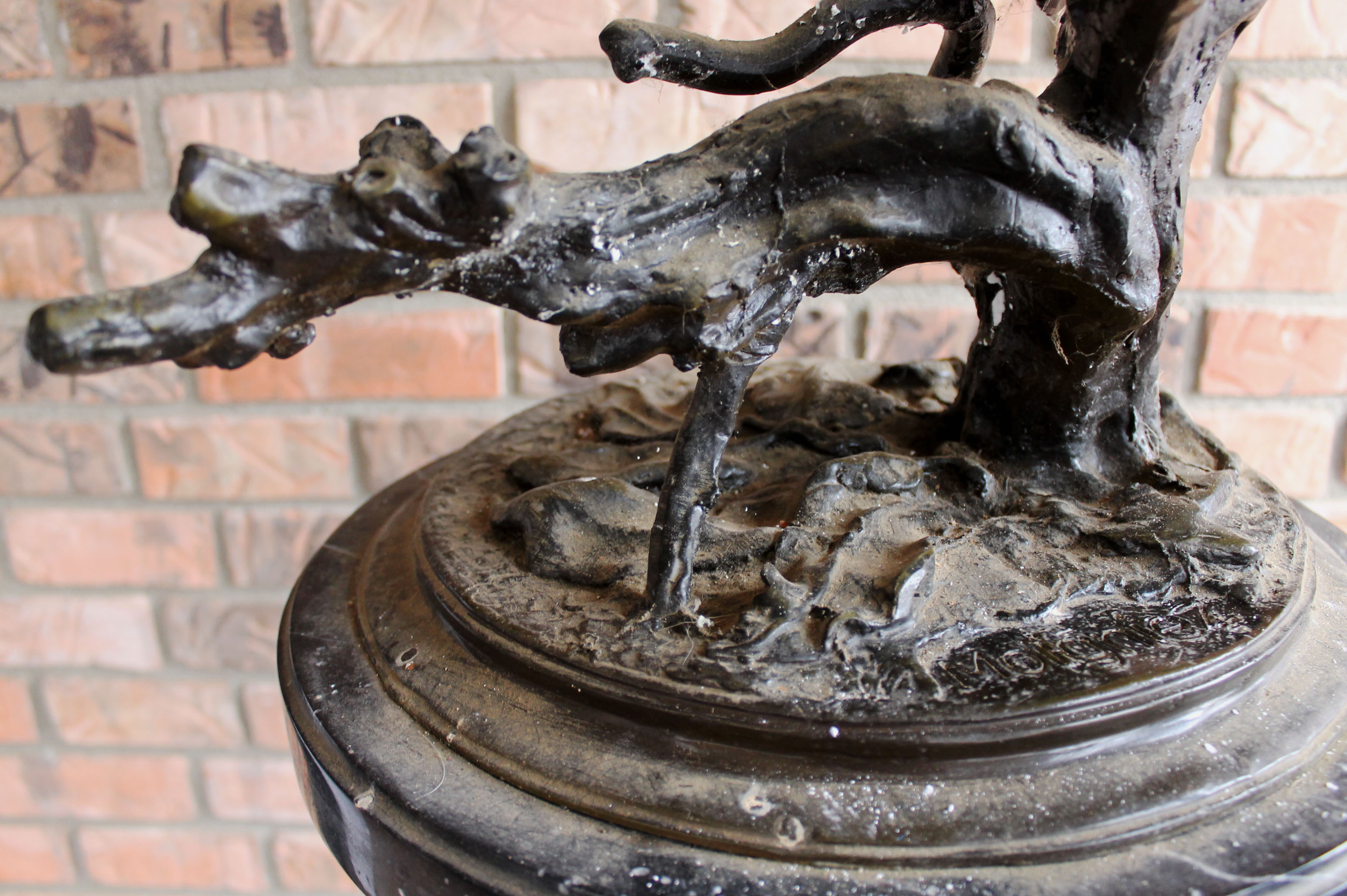 Jules Moigniez Signed Bronze Owl Sculpture on Marble Pedestal