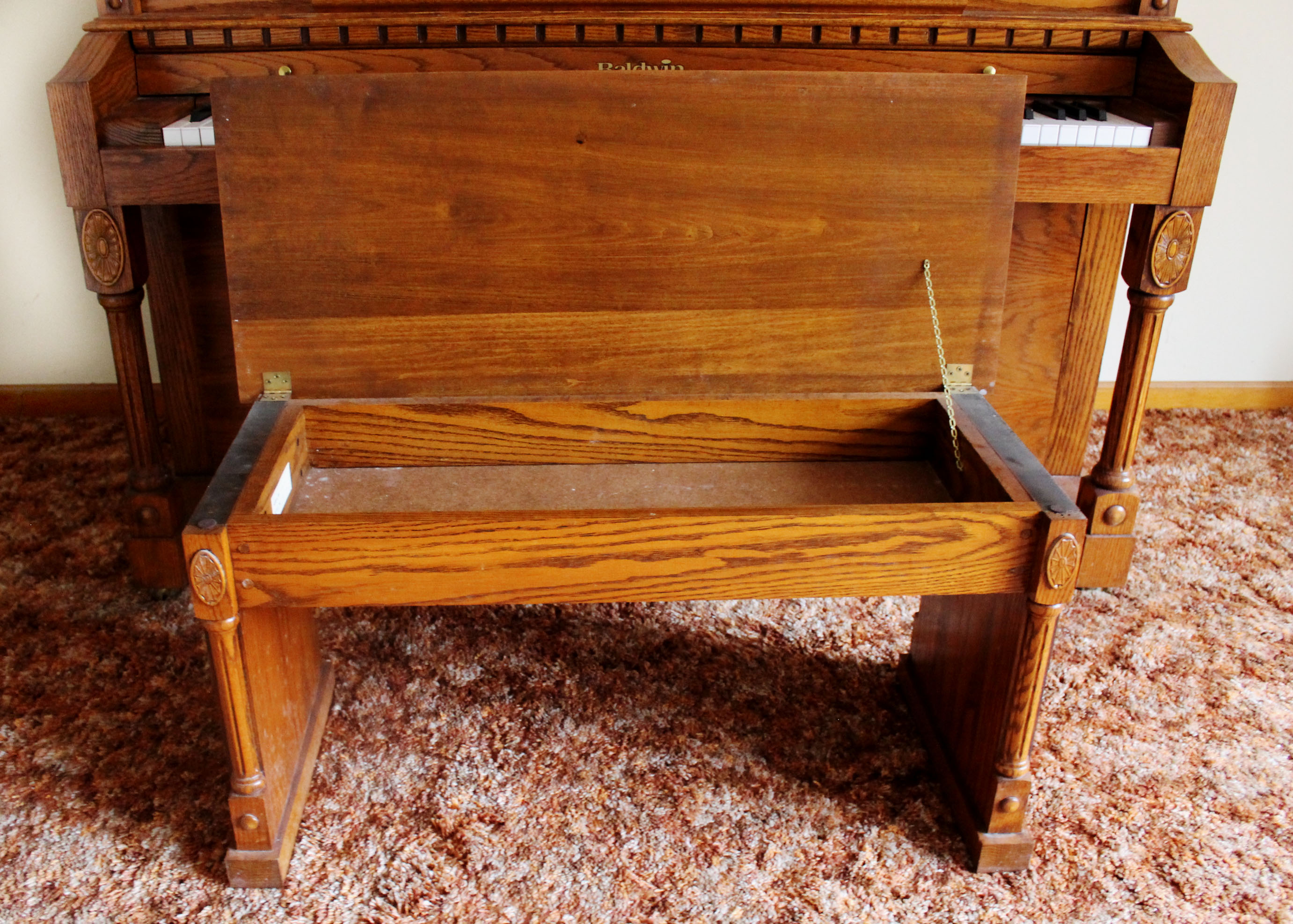 Oak Baldwin Player Piano and Bench with 50 Piano Rolls