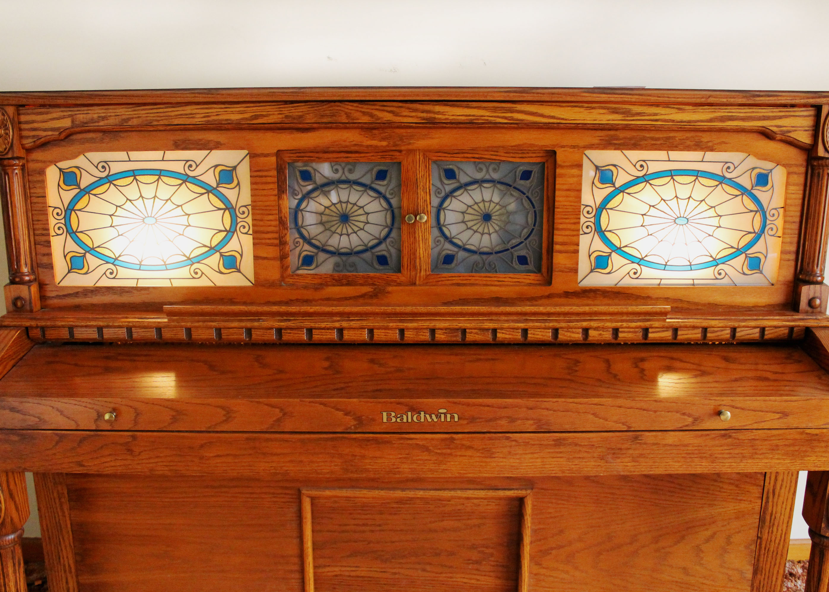 Oak Baldwin Player Piano and Bench with 50 Piano Rolls