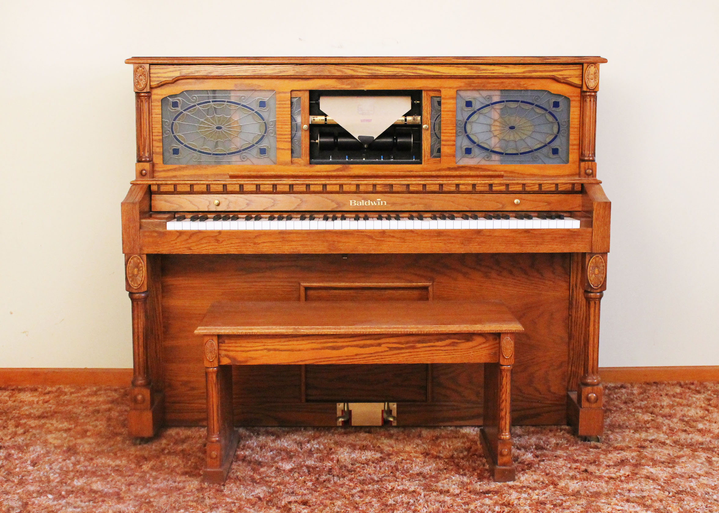 Oak Baldwin Player Piano and Bench with 50 Piano Rolls
