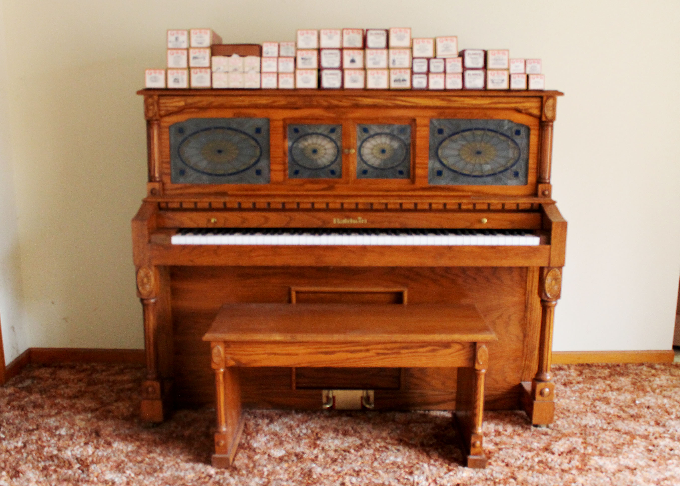 Oak Baldwin Player Piano and Bench with 50 Piano Rolls