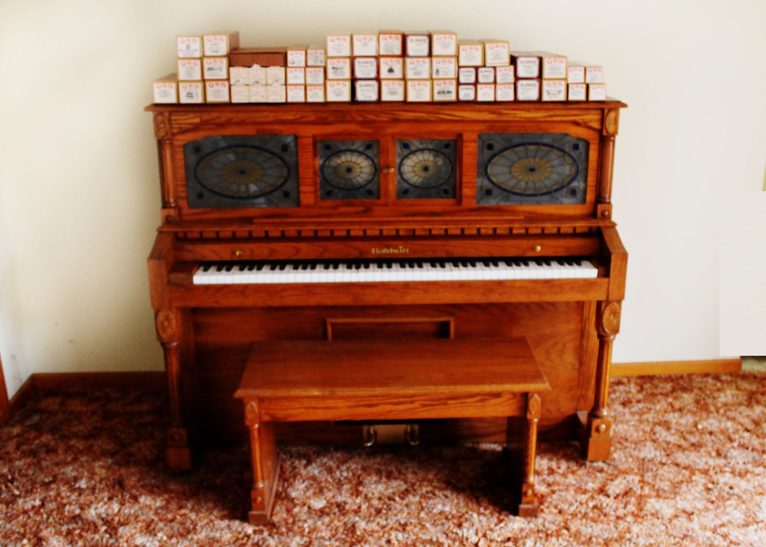 Oak Baldwin Player Piano and Bench with 50 Piano Rolls
