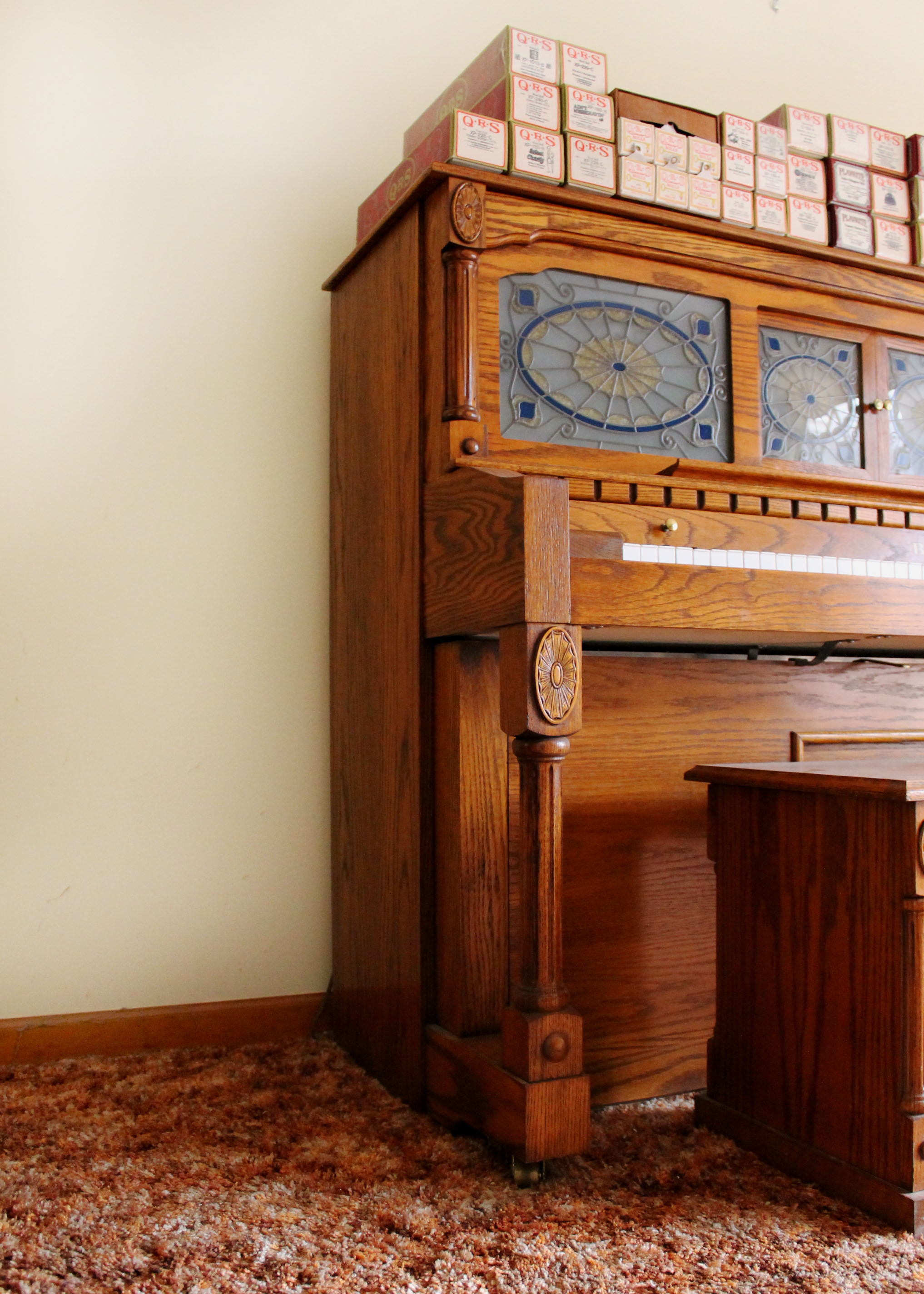 Oak Baldwin Player Piano and Bench with 50 Piano Rolls