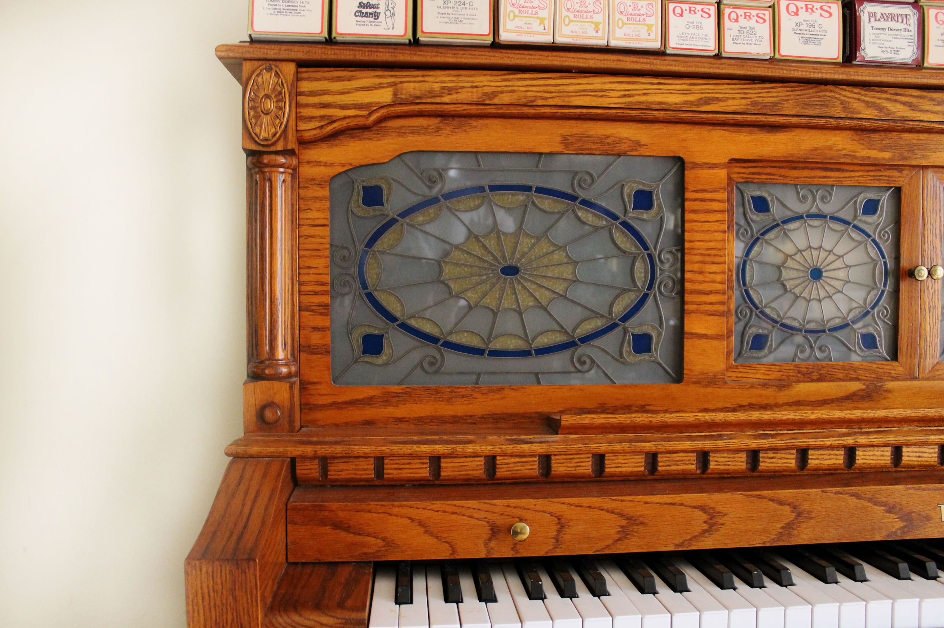 Oak Baldwin Player Piano and Bench with 50 Piano Rolls