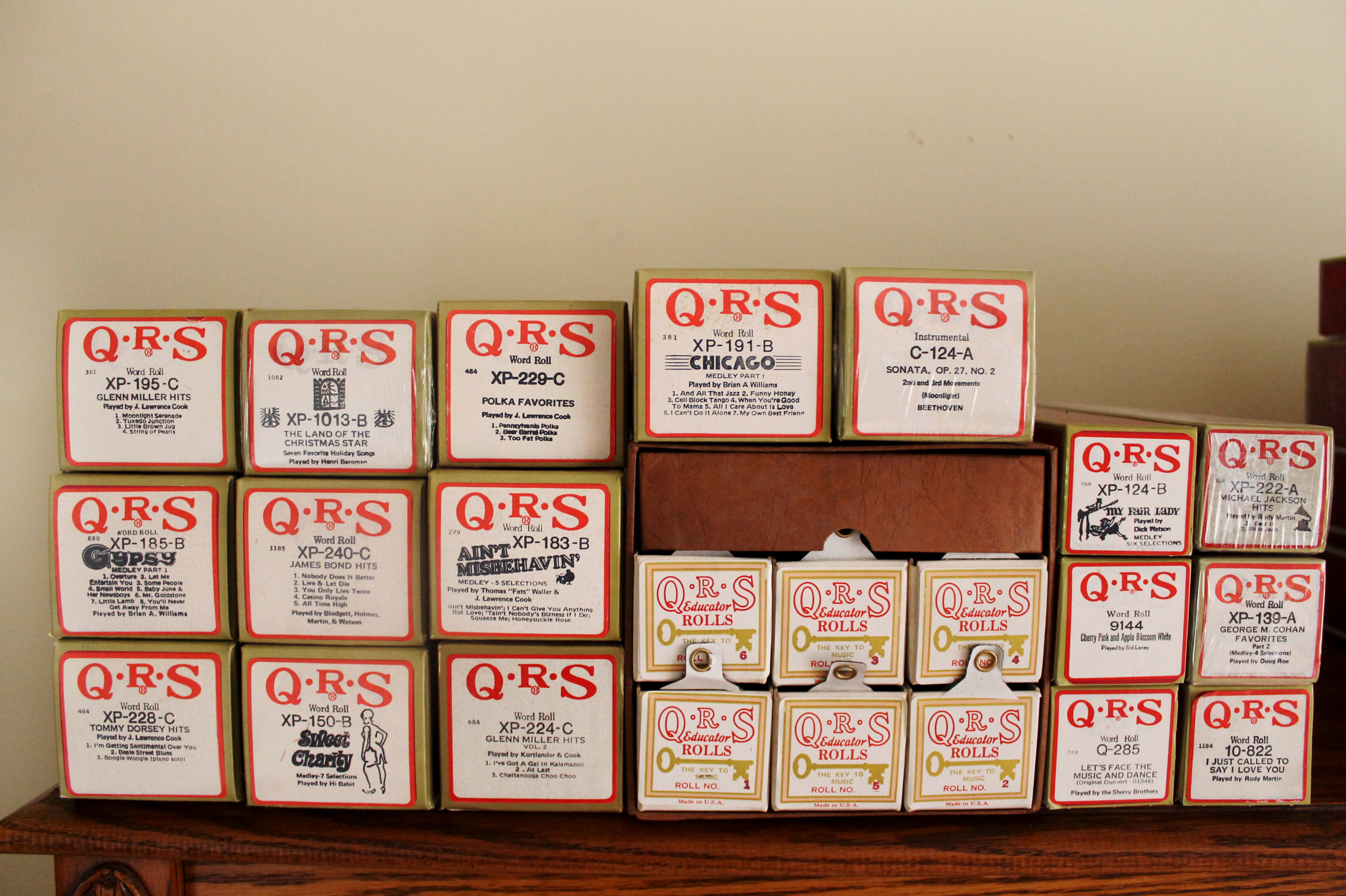 Oak Baldwin Player Piano and Bench with 50 Piano Rolls
