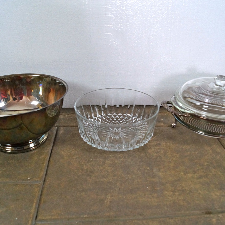 Oneida Bowl, an Arcoroc Glass Bowl and a Raimond Casserole