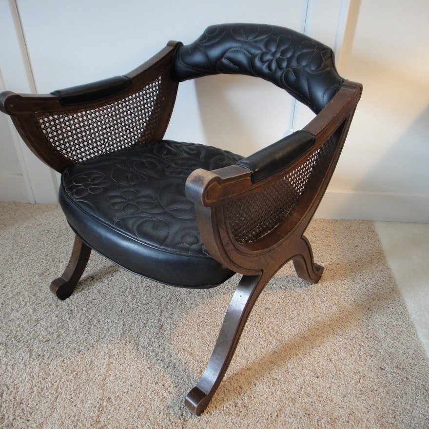 Mid Century X Frame Solid Wood, Stitched Leather & Cane Arm Chair