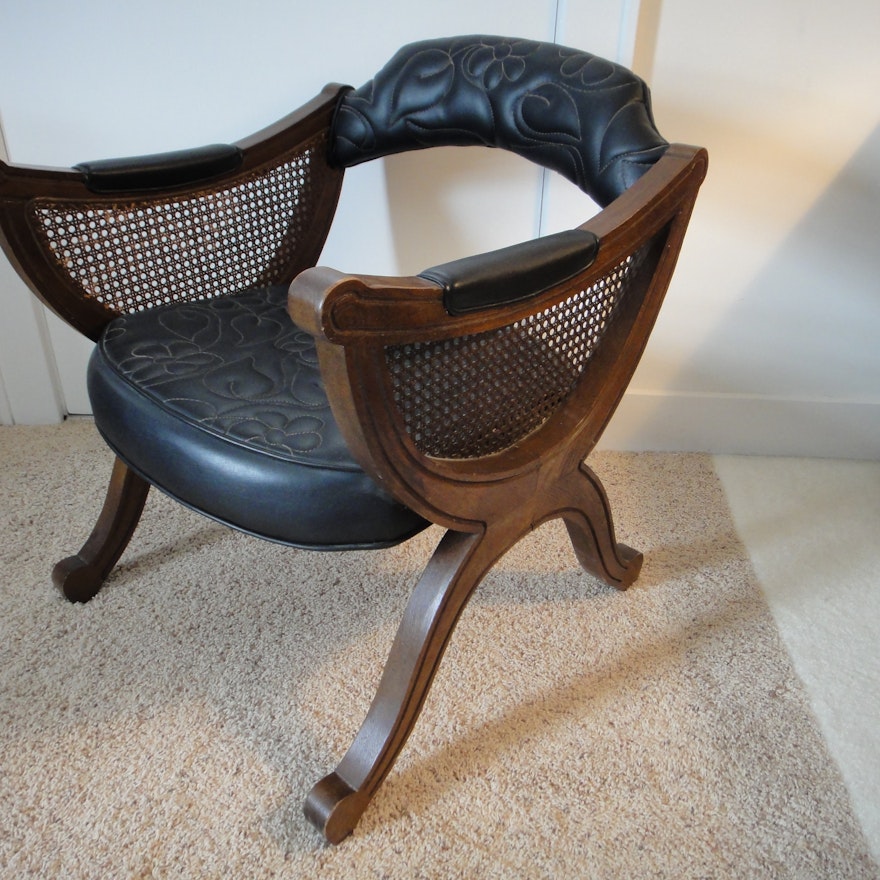 Mid Century X Frame Solid Wood, Stitched Leather & Cane Arm Chair