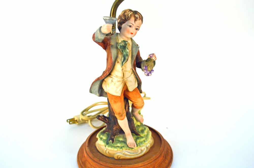 Vintage Wood Based Lamp with Ceramic Boy Figurine