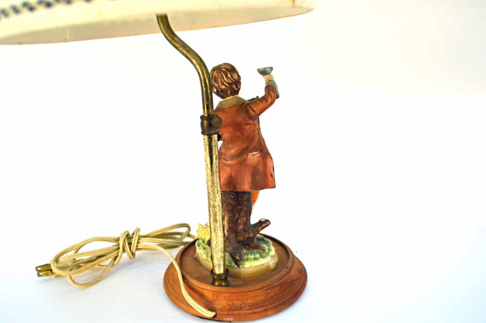 Vintage Wood Based Lamp with Ceramic Boy Figurine