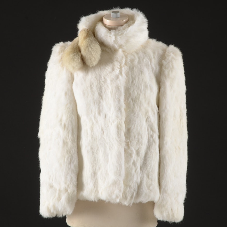 Dyed White Rabbit Fur Jacket with Fox Tail Trim