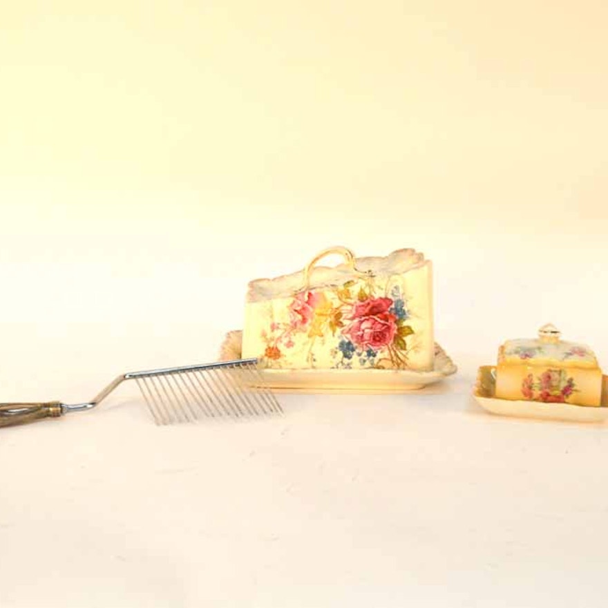 Ceramic Cheese and Butter Dish Cake Rake