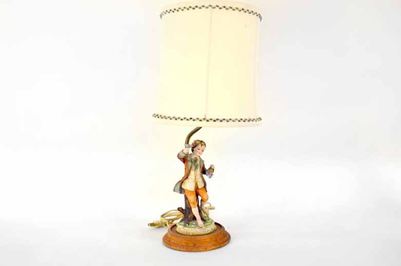 Vintage Wood Based Lamp with Ceramic Boy Figurine