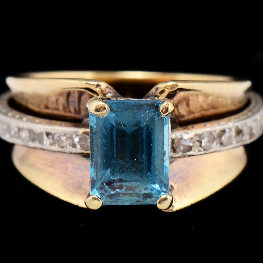 14K Yellow Gold and Platinum, Blue Topaz Diamond Ring