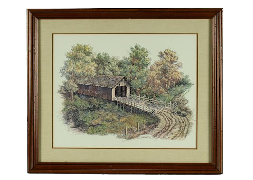 Framed Doug Tope Covered Bridge Offset Lithograph