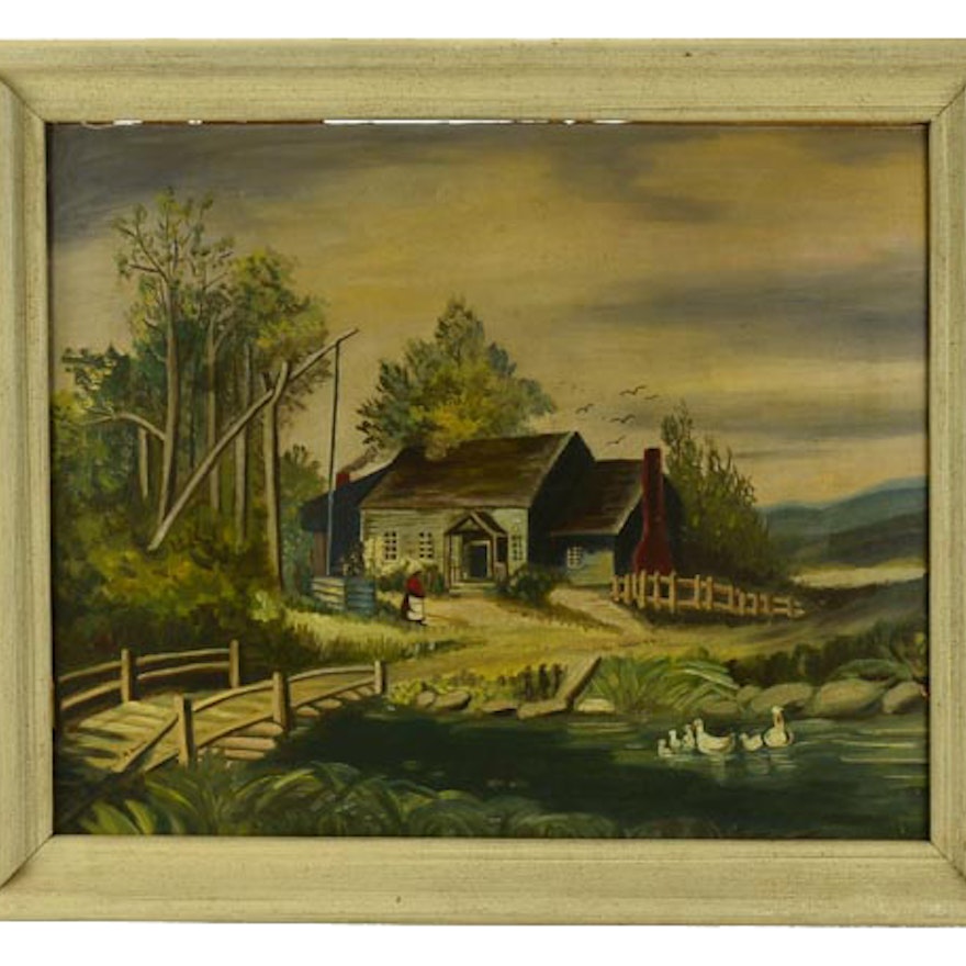 An Original Oil on Academy Board Cottage Scene