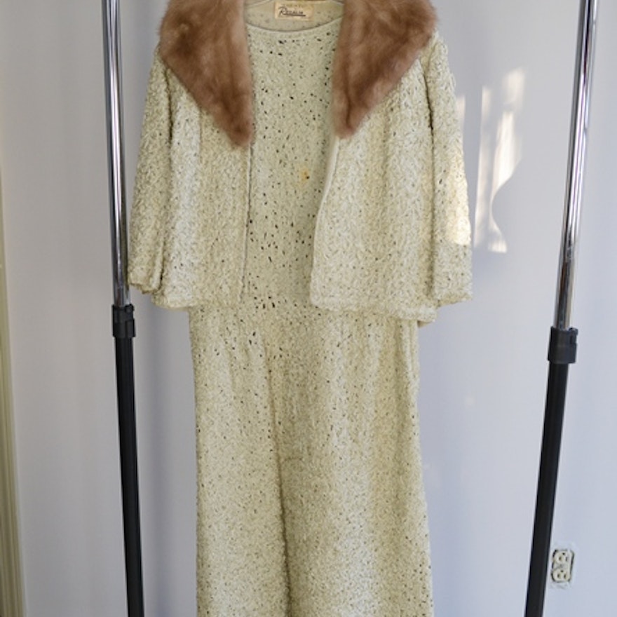 Vintage "Ribbon Knit" Jacket Dress with Fur Collar