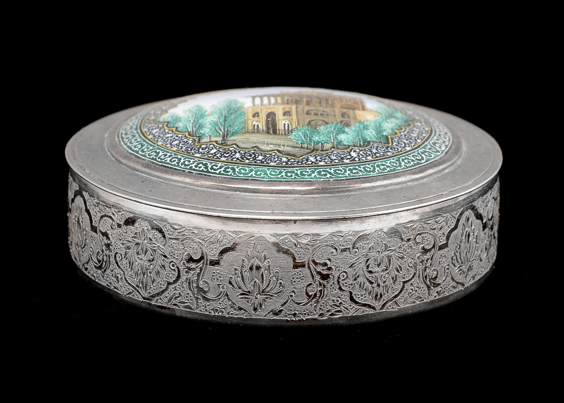Persian Silver Box with Enamel Design to Lid