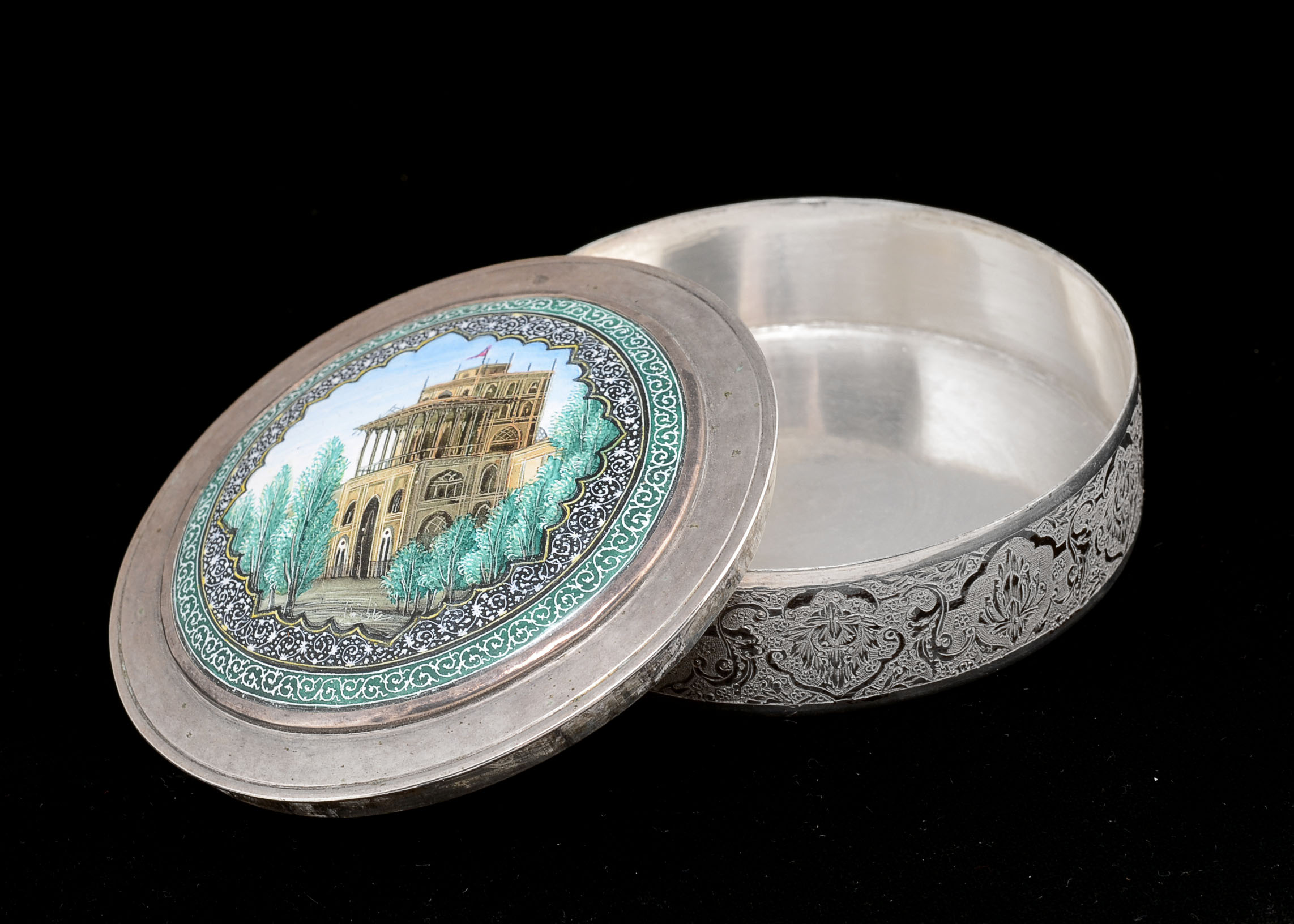 Persian Silver Box with Enamel Design to Lid