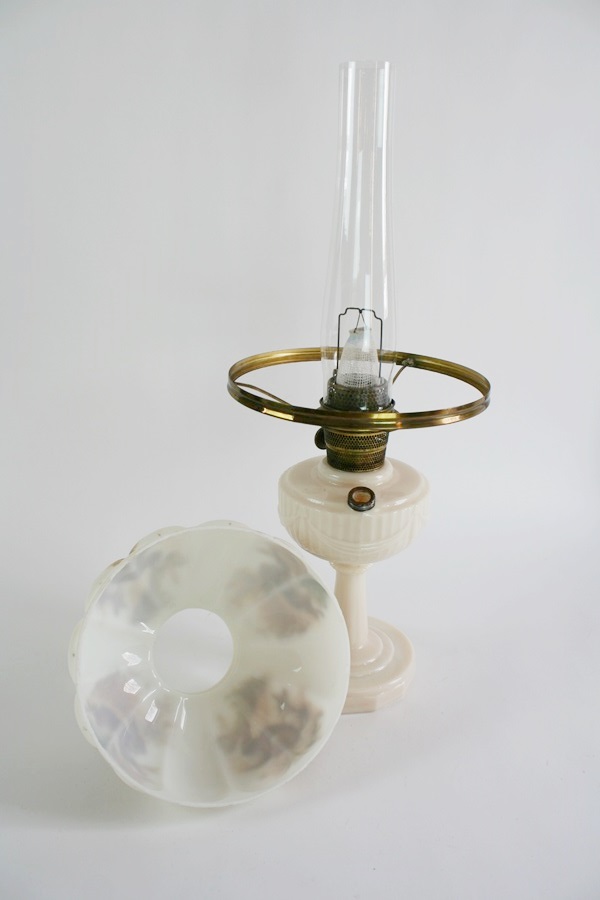 Antique Aladdin Oil Lamp with Alabaster Base Hand-Painted Shade