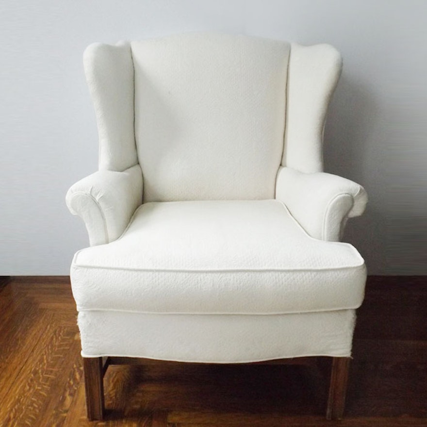 Classic Wingback Chair in White Matelasse Upholstery