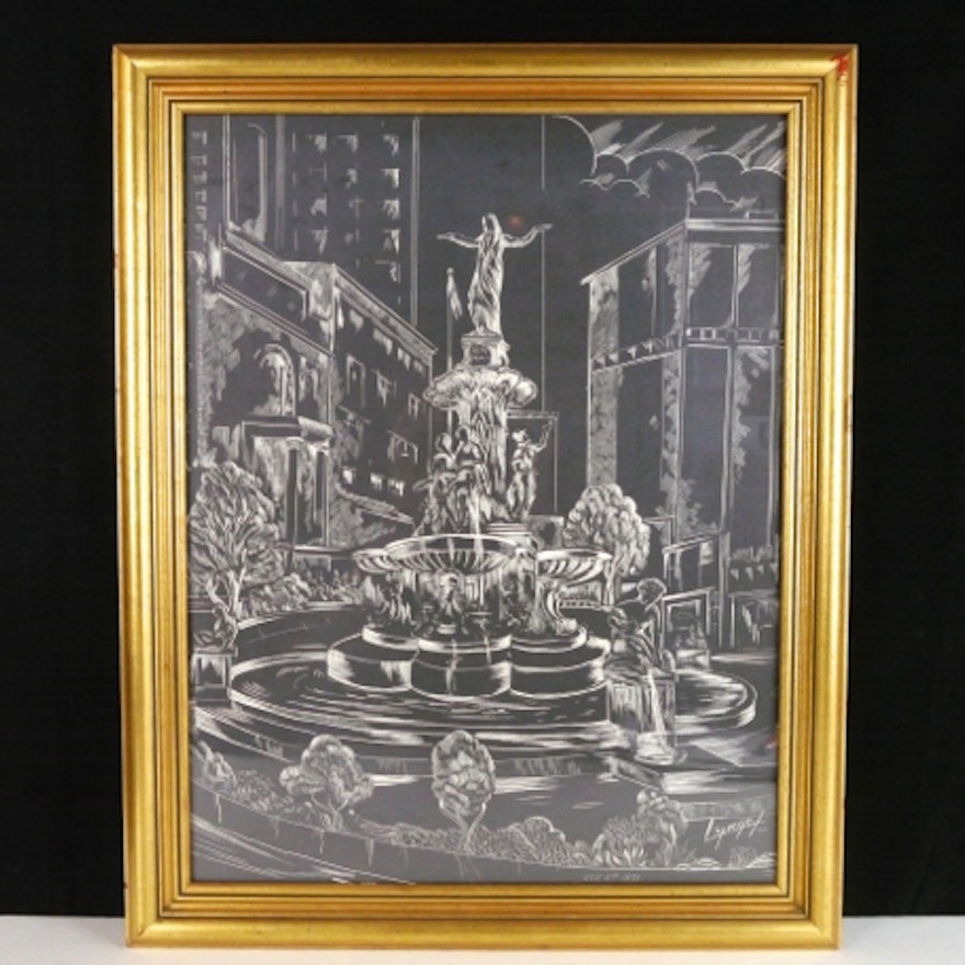 Fountain Square Linocut Print by L. Spiegel.