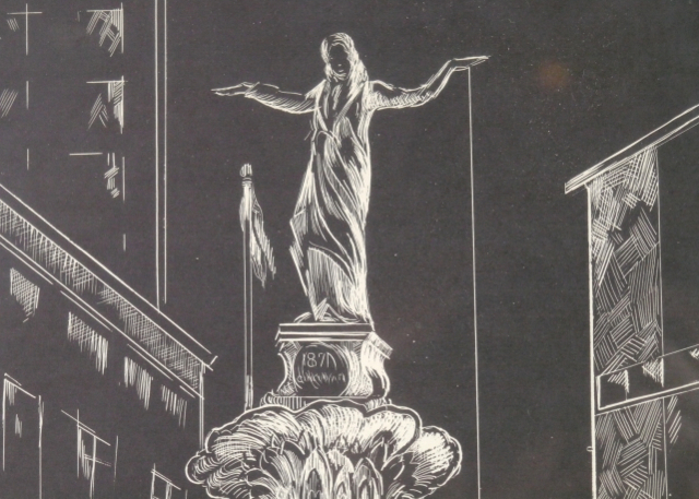 Fountain Square Linocut Print by L. Spiegel.