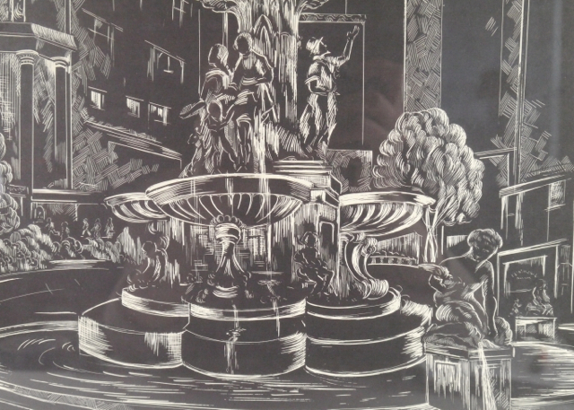 Fountain Square Linocut Print by L. Spiegel.