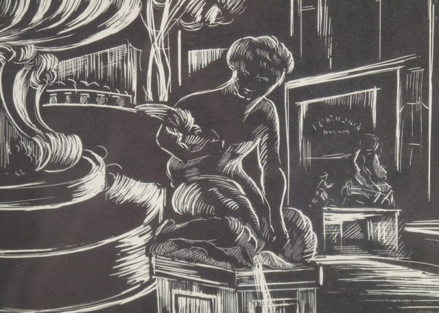 Fountain Square Linocut Print by L. Spiegel.