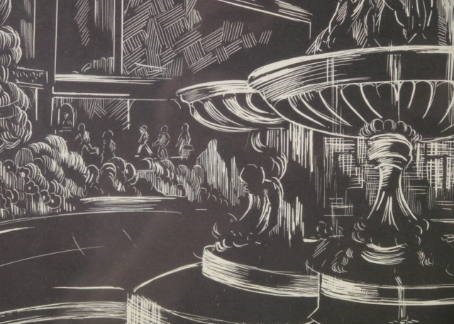 Fountain Square Linocut Print by L. Spiegel.