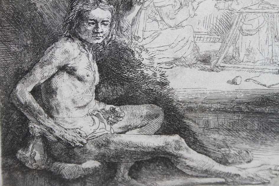 Rembrandt Etching "Nude Man Standing and Another Seated"