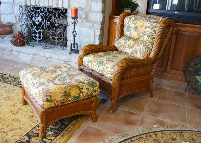 Indoor Natural Wicker Wing Chair and Ottoman by Lane Venture