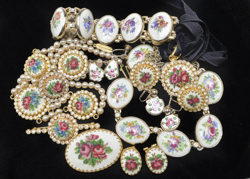 Floral Needlepoint and Porcelain Jewelry Collection