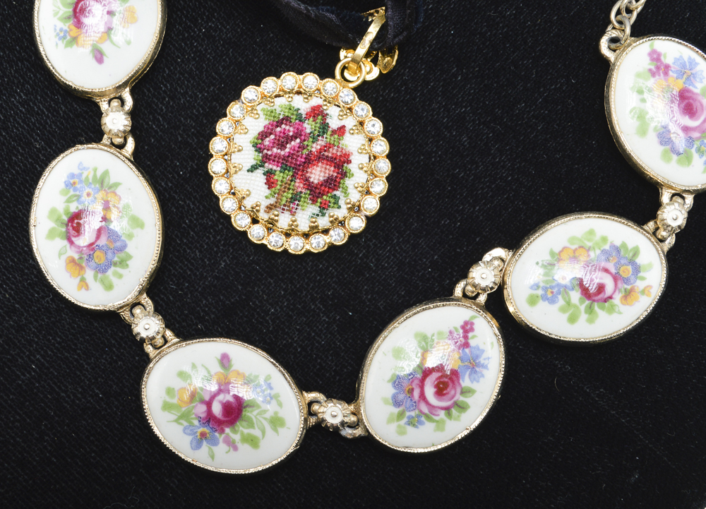 Floral Needlepoint and Porcelain Jewelry Collection
