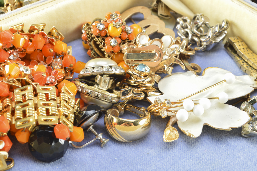 Vintage Jewelry Box Filled with Vintage Jewelry Collection