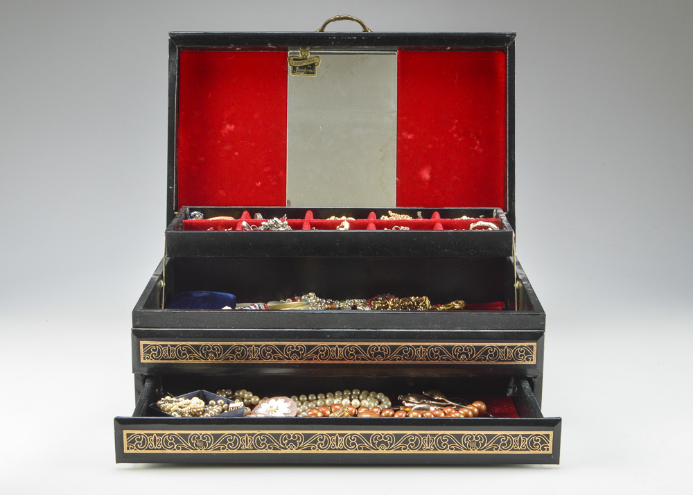Vintage Jewelry Box Filled with an Assortment of Jewelry
