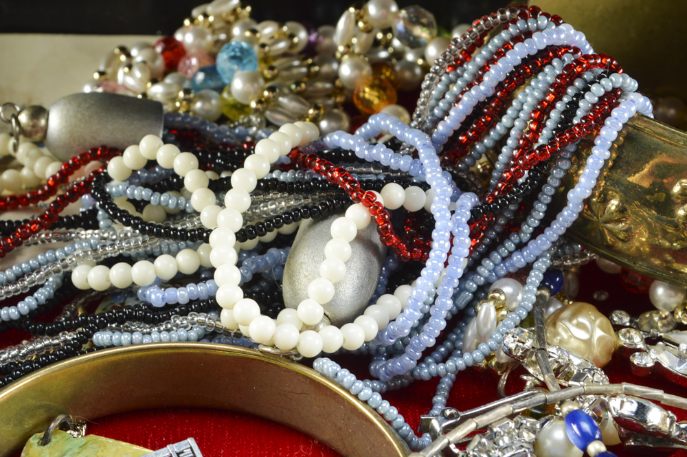 Vintage Jewelry Box Filled with an Assortment of Jewelry