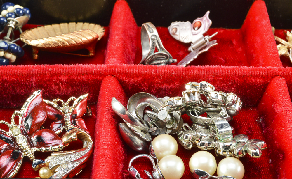 Vintage Jewelry Box Filled with an Assortment of Jewelry