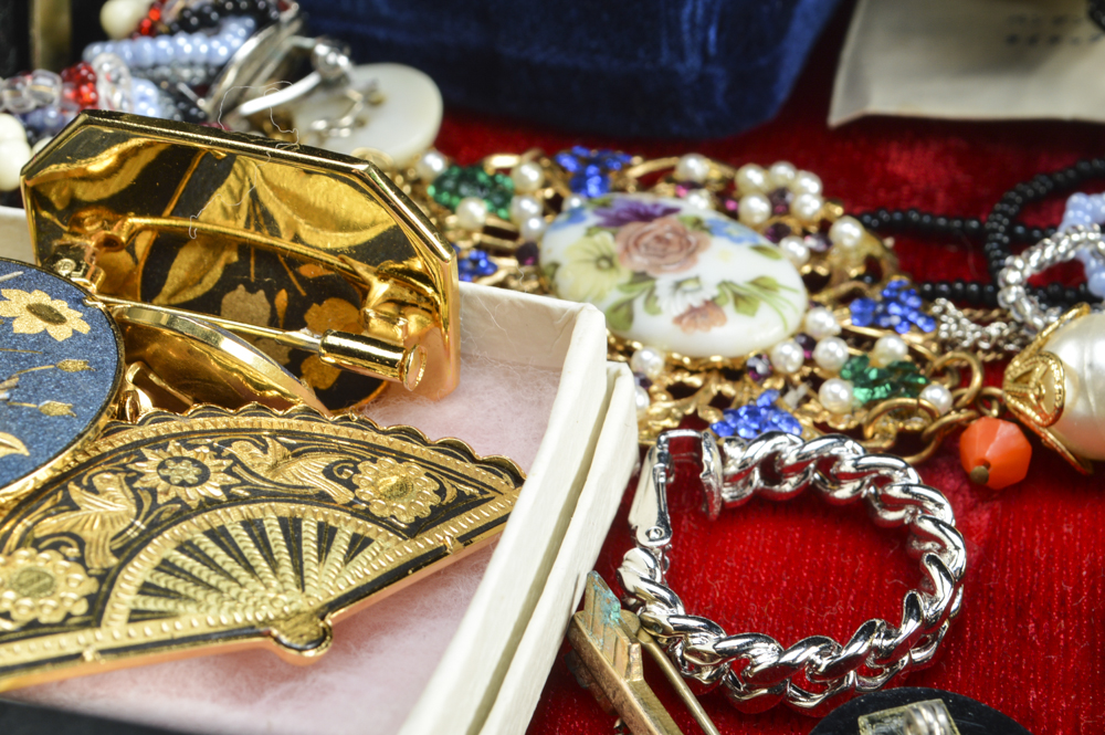 Vintage Jewelry Box Filled with an Assortment of Jewelry