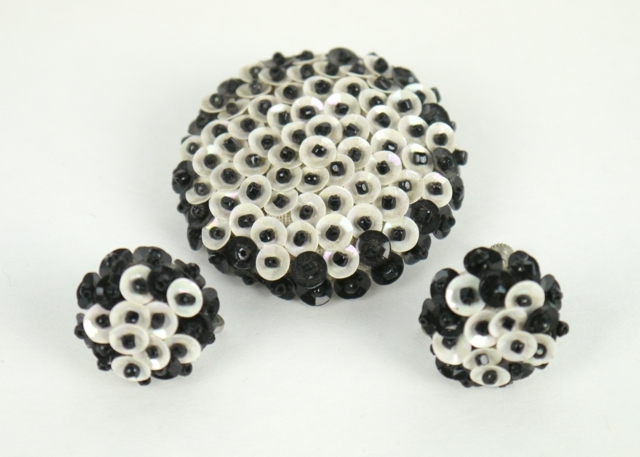 Vintage Black and White Sequin Brooch Earring Set