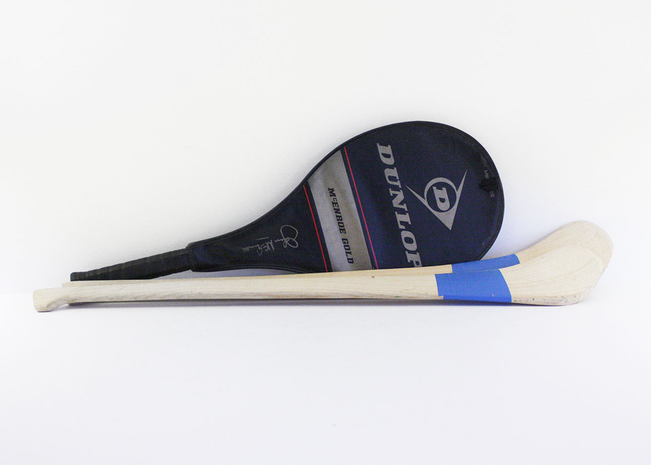Pair of Hurling Sticks and Unstrung Tennis Racquet