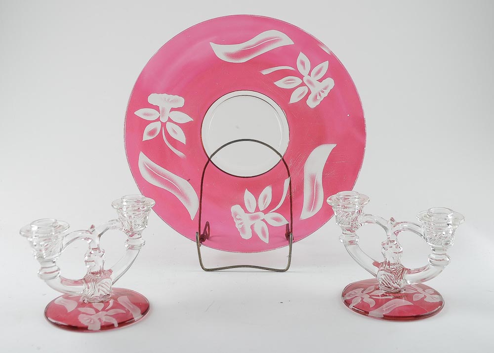 Vintage Sandwich Plate and Matching Candlesticks