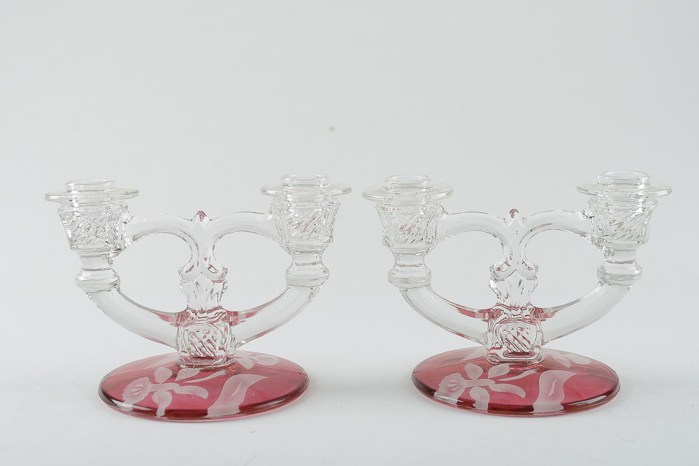 Vintage Sandwich Plate and Matching Candlesticks